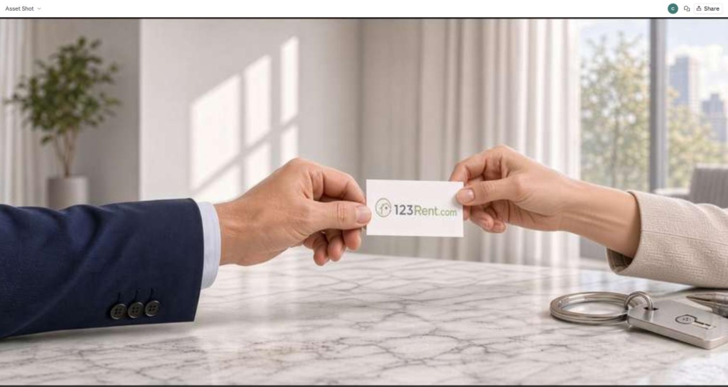 A 123Rent.com business card handed to a real estate agent across a desk in Palmdale, California