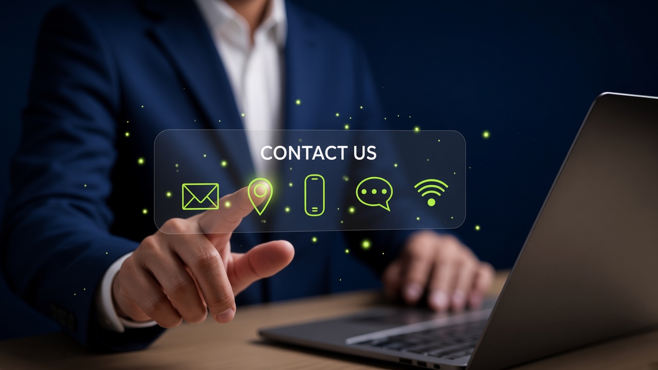 Person at a laptop pointing to a Contact Us panel