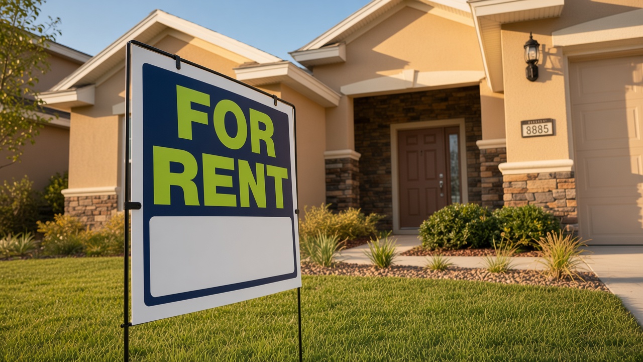 For rent sign on the lawn in front of a house