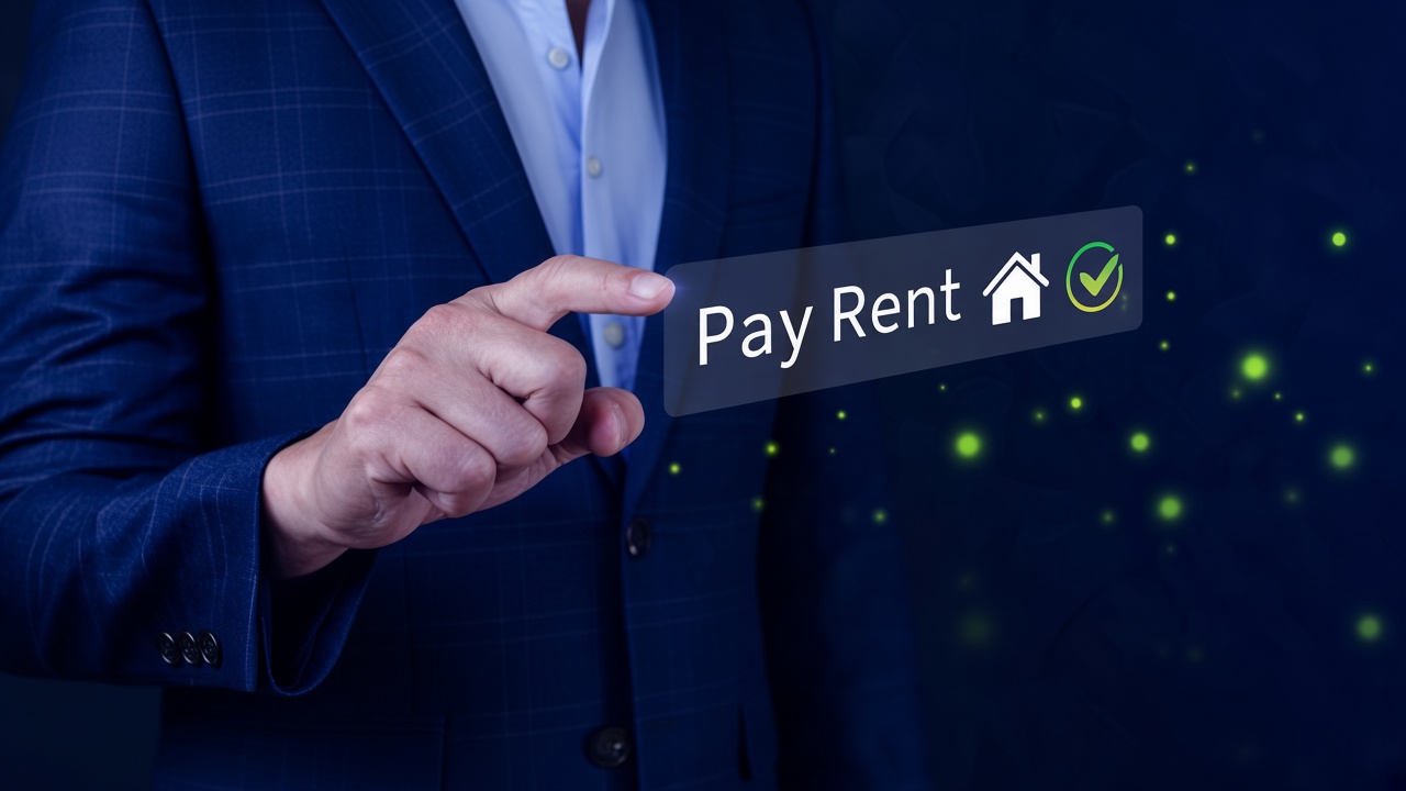 Person in a navy suit pointing to a Pay Rent button with a house icon
